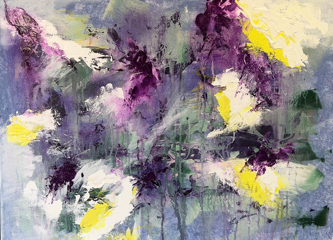 A floral abstract, in purple, lilac, yellow, white and greens