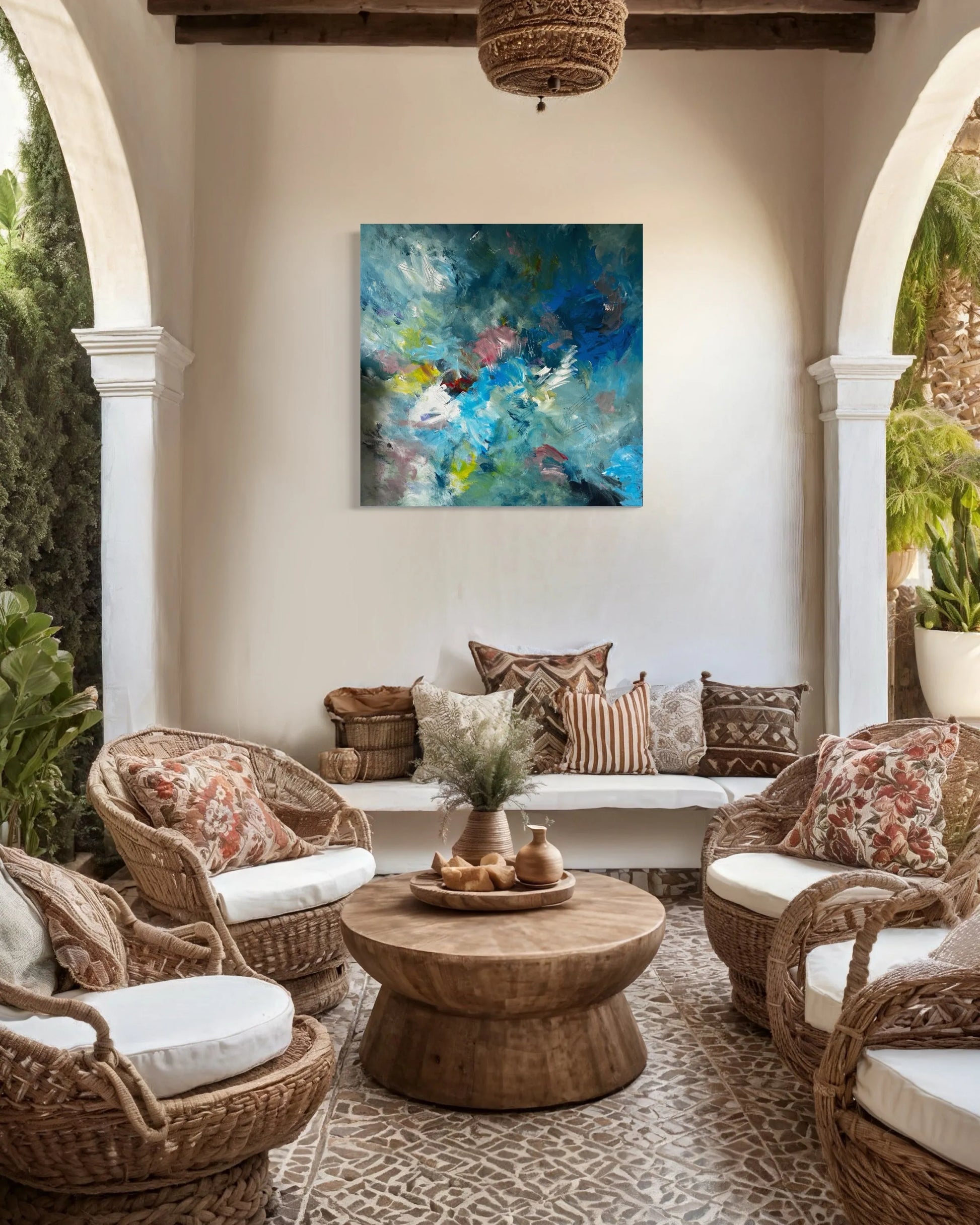 An outdoor scene although covered and sheltered from the elements; four basketweave chairs either side of a round wooden table . The artwork is centre stage on the plain wall above a banquet with 6 scatter cushions.