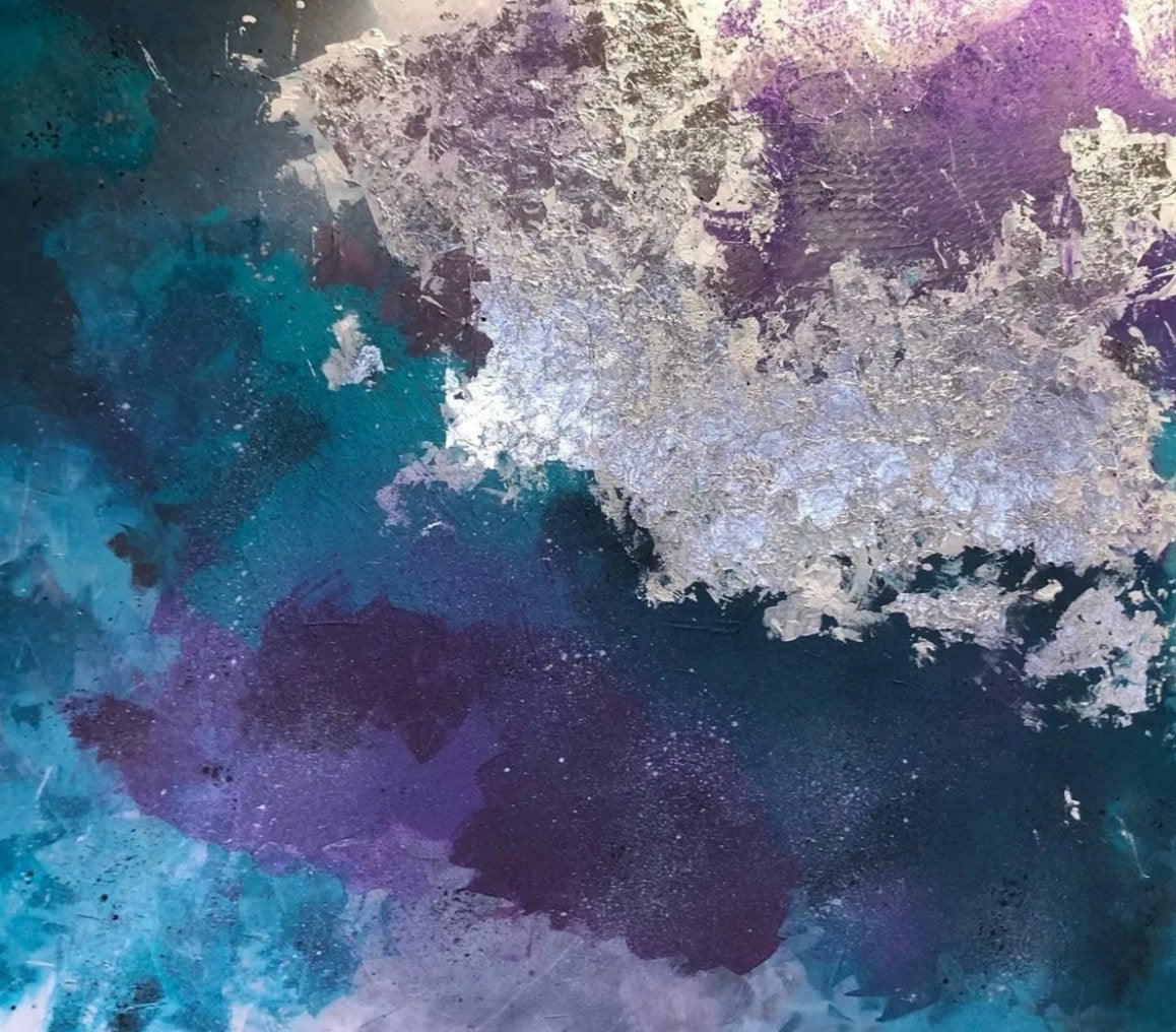 An abstract paintingpredominantly turquoise and purple with silver leaf textured in the top right hand corner