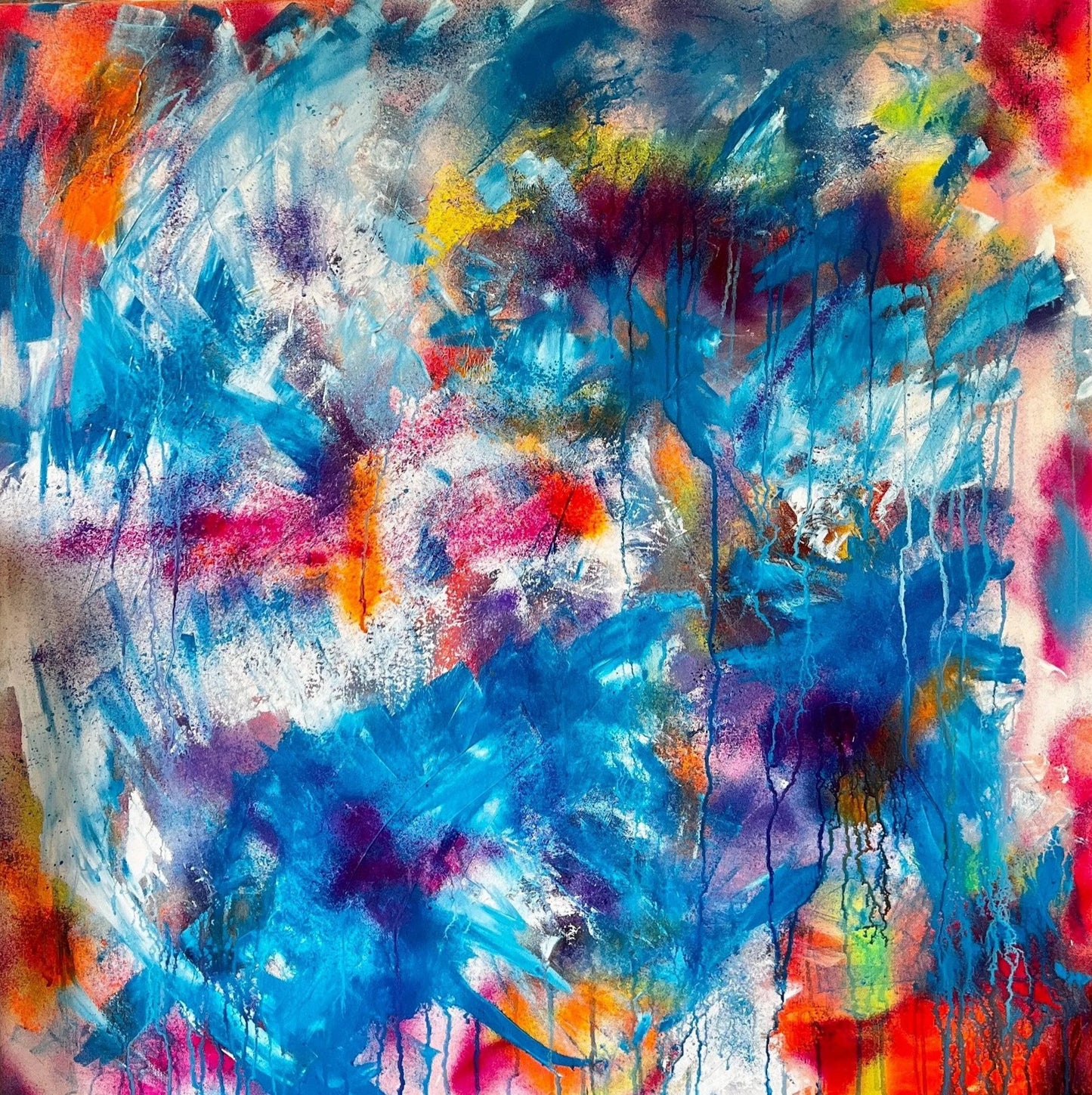 A multicoloured abstract painting, predominantly in red, orange, magenta, yellow,,white and blue. 