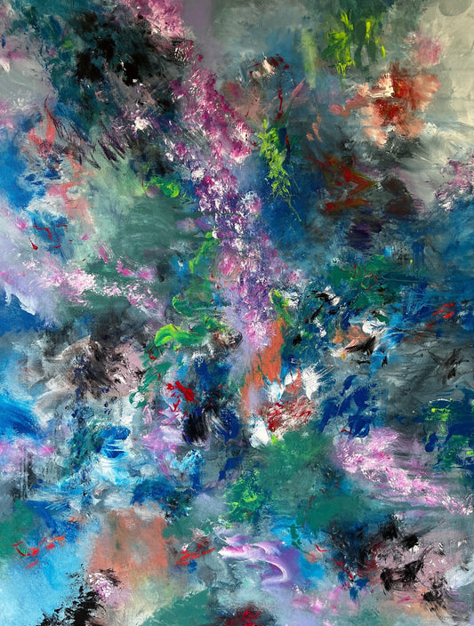 A multicoloured abstract painting predominantly blues, lilac, green, black and white.