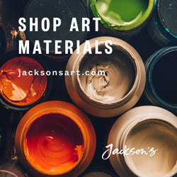 pots of open paint orange, beige, blue and green. The words 'Shop Art Materials' and 'jacksonsart.com' are written in white lettering across the photo.